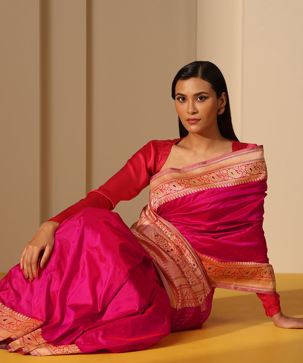 Handloom_Hot_Pink_Pure_Katan_Silk_Banarasi_Saree_With_Meenakari_Border_WeaverStory_01