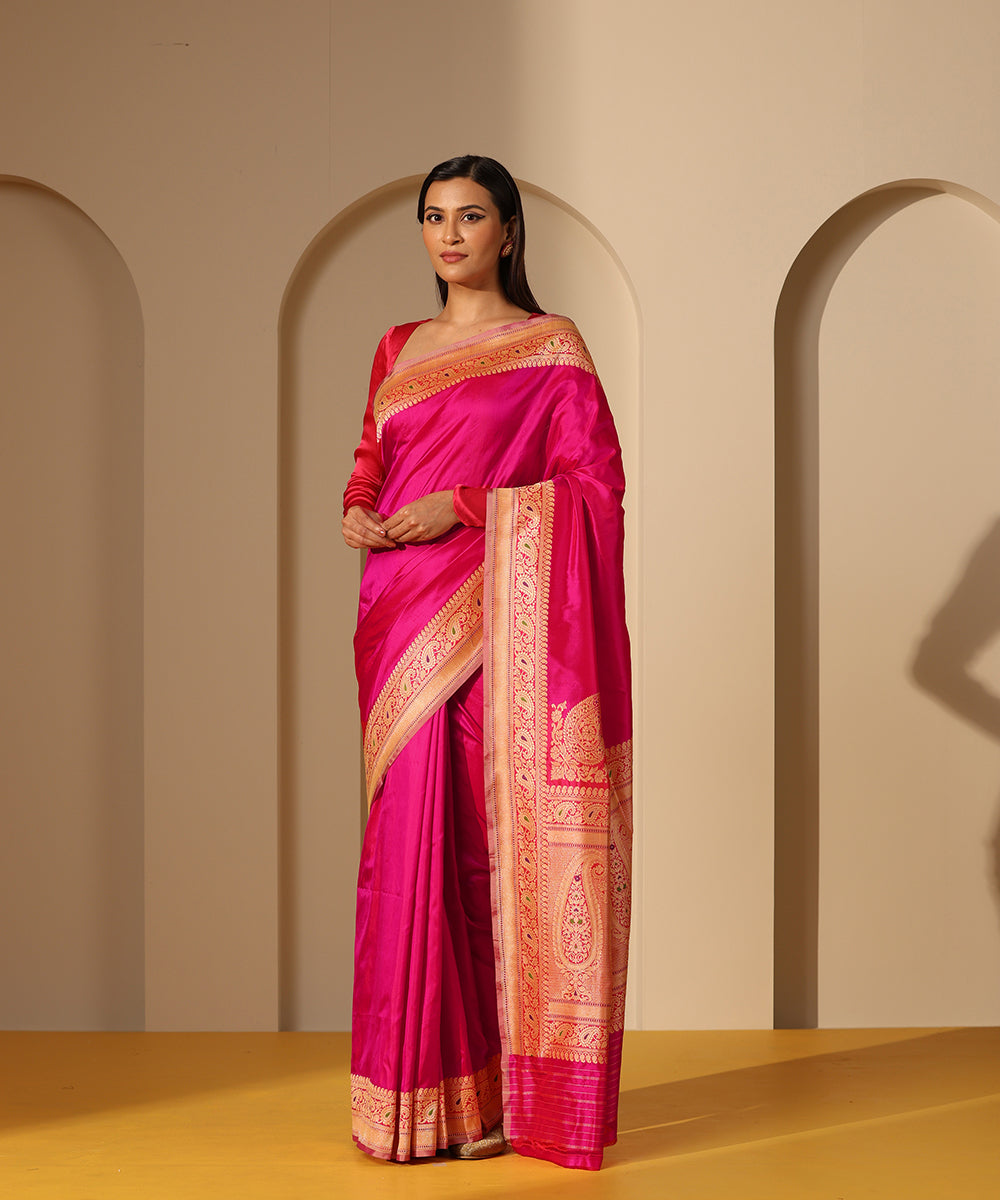 Handloom_Hot_Pink_Pure_Katan_Silk_Banarasi_Saree_With_Meenakari_Border_WeaverStory_02