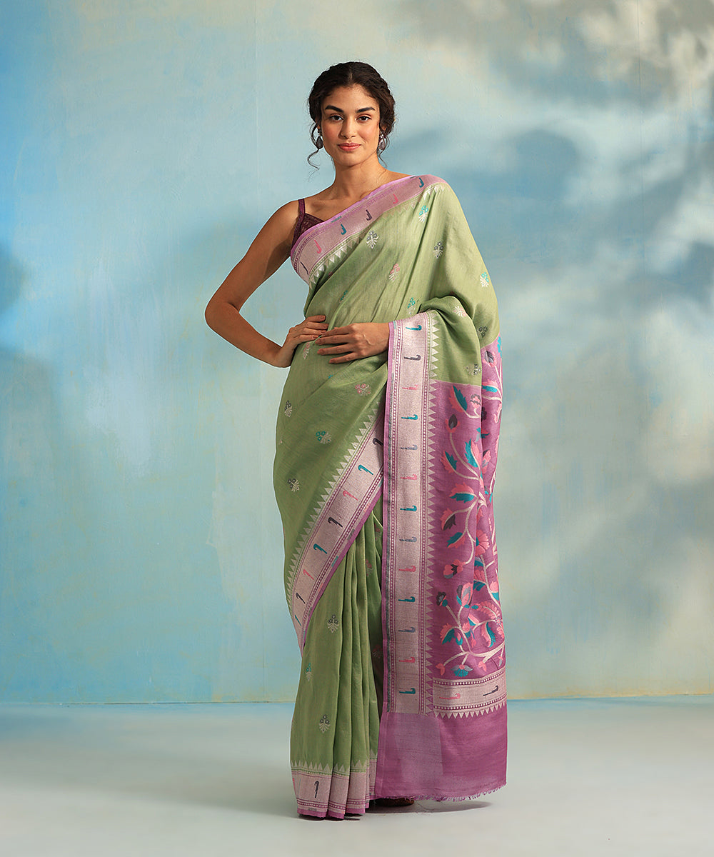 Handloom_Cream_Pure_Tussar_Georgette_Banarasi_Saree_With_Multi_Colour_Meenakari_Work_WeaverStory_02