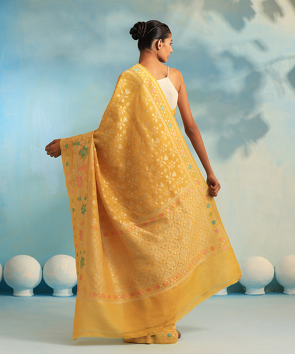 Handloom_Yellow_Pure_Tussar_Georgette_Banarasi_Saree_With_Floral_Border_WeaverStory_03