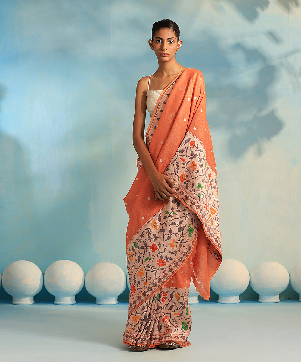 Handloom_Rust_Orange_Pure_Tussar_Georgette_Banarasi_Saree_With_Booti_WeaverStory_02