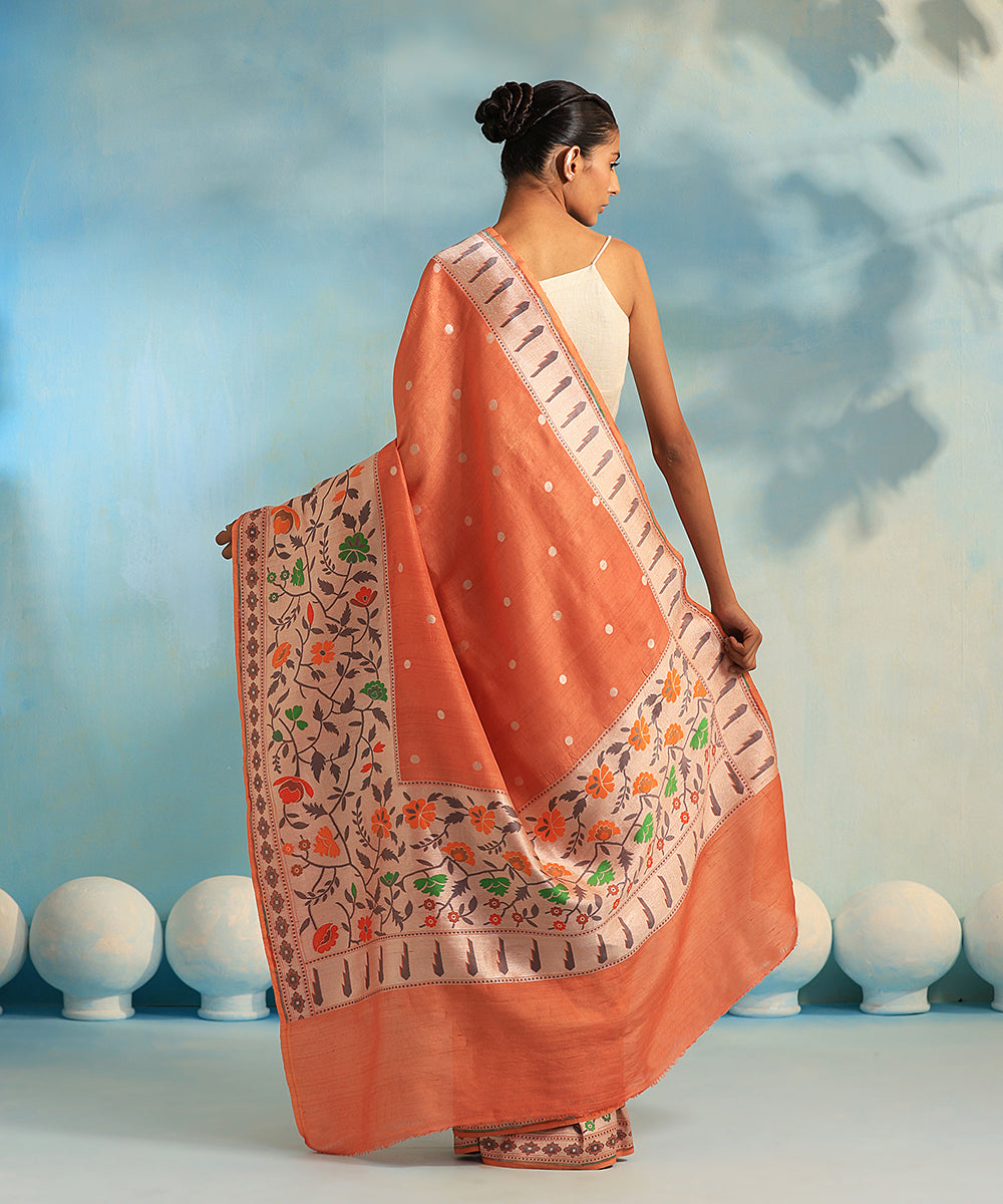 Handloom_Rust_Orange_Pure_Tussar_Georgette_Banarasi_Saree_With_Booti_WeaverStory_03