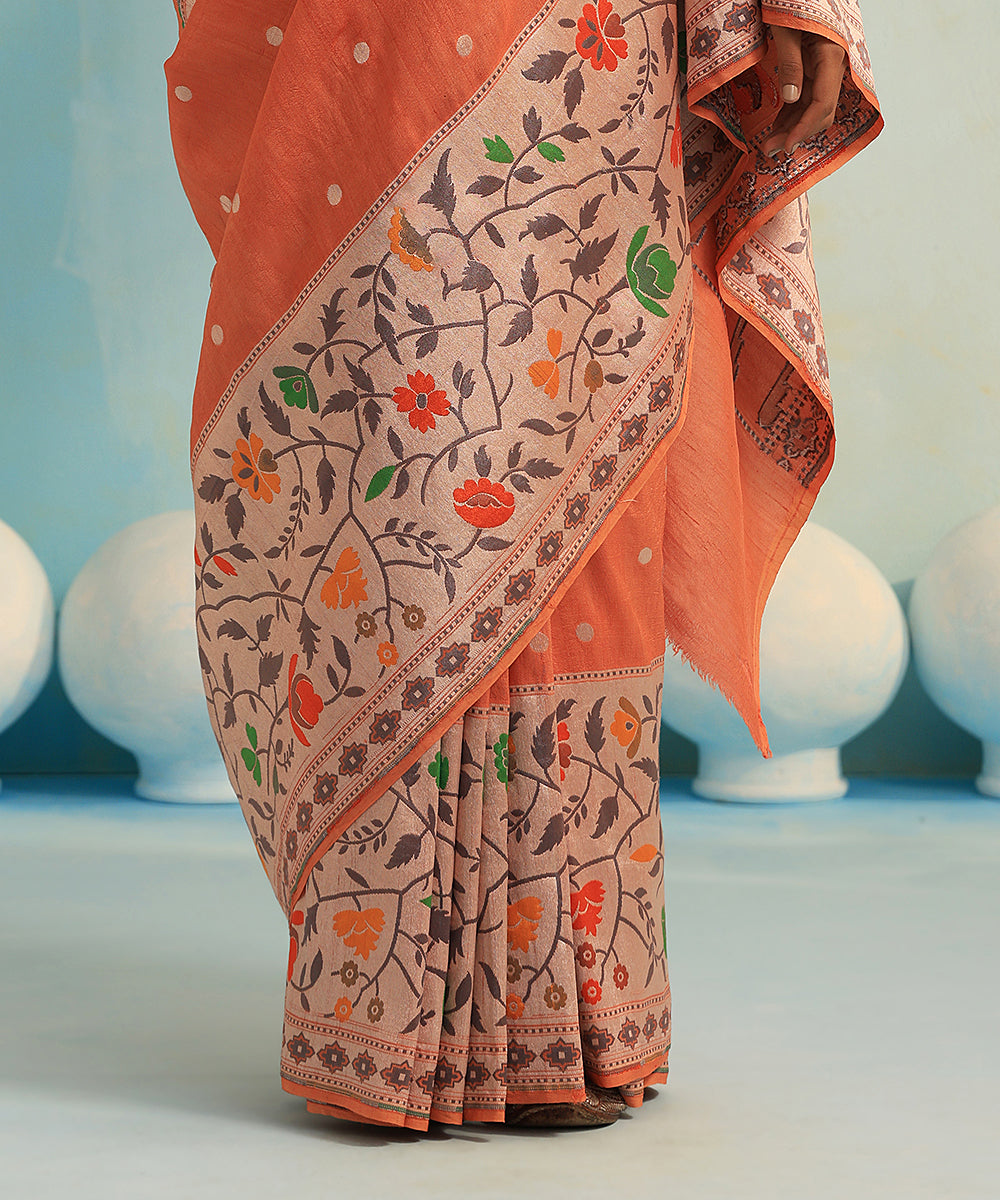 Handloom_Rust_Orange_Pure_Tussar_Georgette_Banarasi_Saree_With_Booti_WeaverStory_04