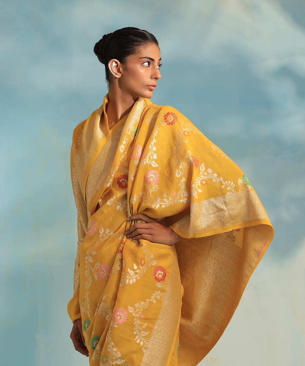 Yellow_Handloom_Pure_Georgette_Banarasi_Saree_With_Meenakari_WeaverStory_01