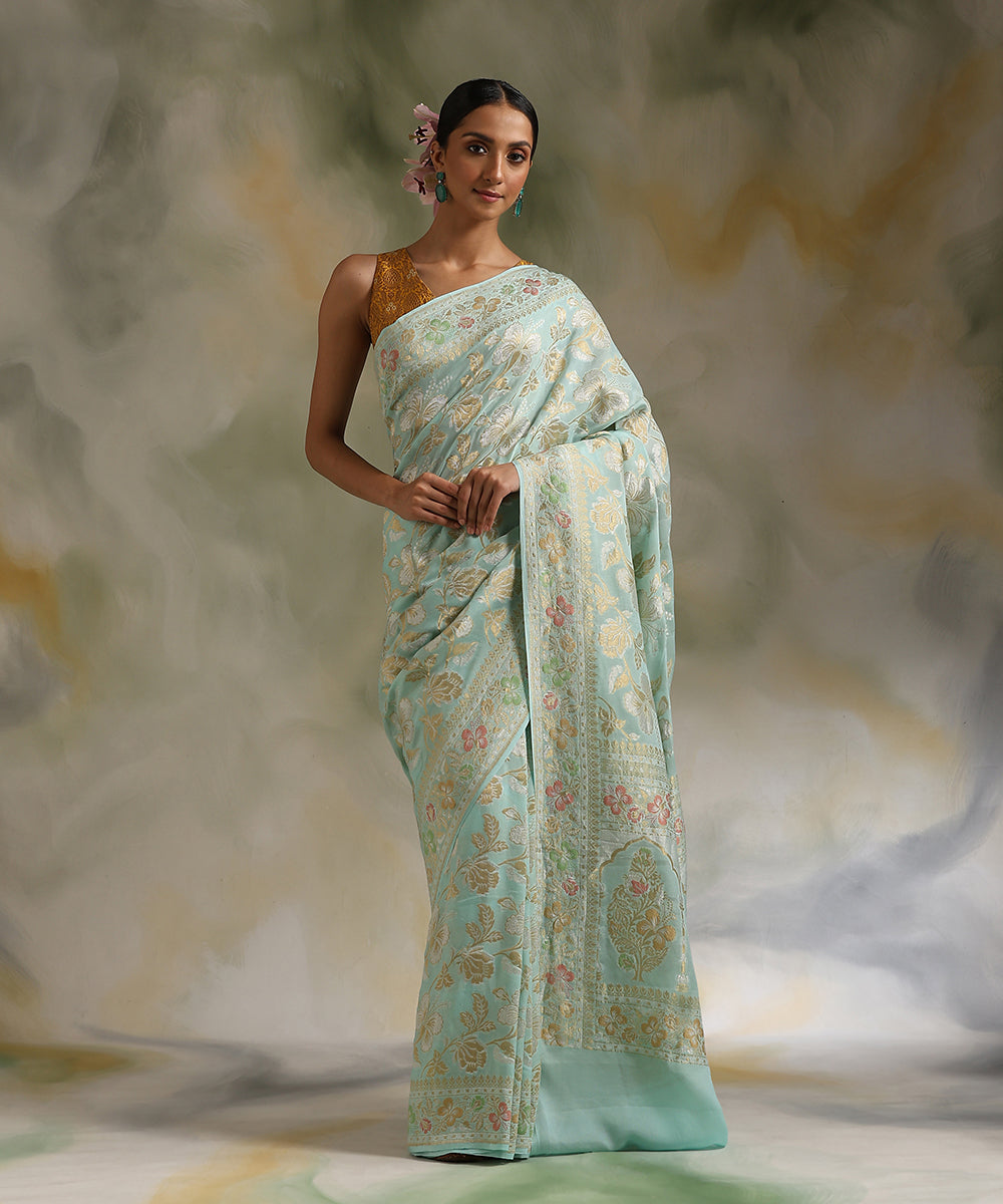 Powder_Blue_Handloom_Pure_Georgette_Banarasi_Saree_With_Meenakari_Border_WeaverStory_02