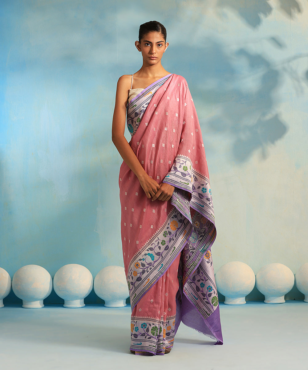 Pink_Handloom_Pure_Tussar_Georgette_Banarasi_Saree_With_Multicolour_Meenakari_WeaverStory_02