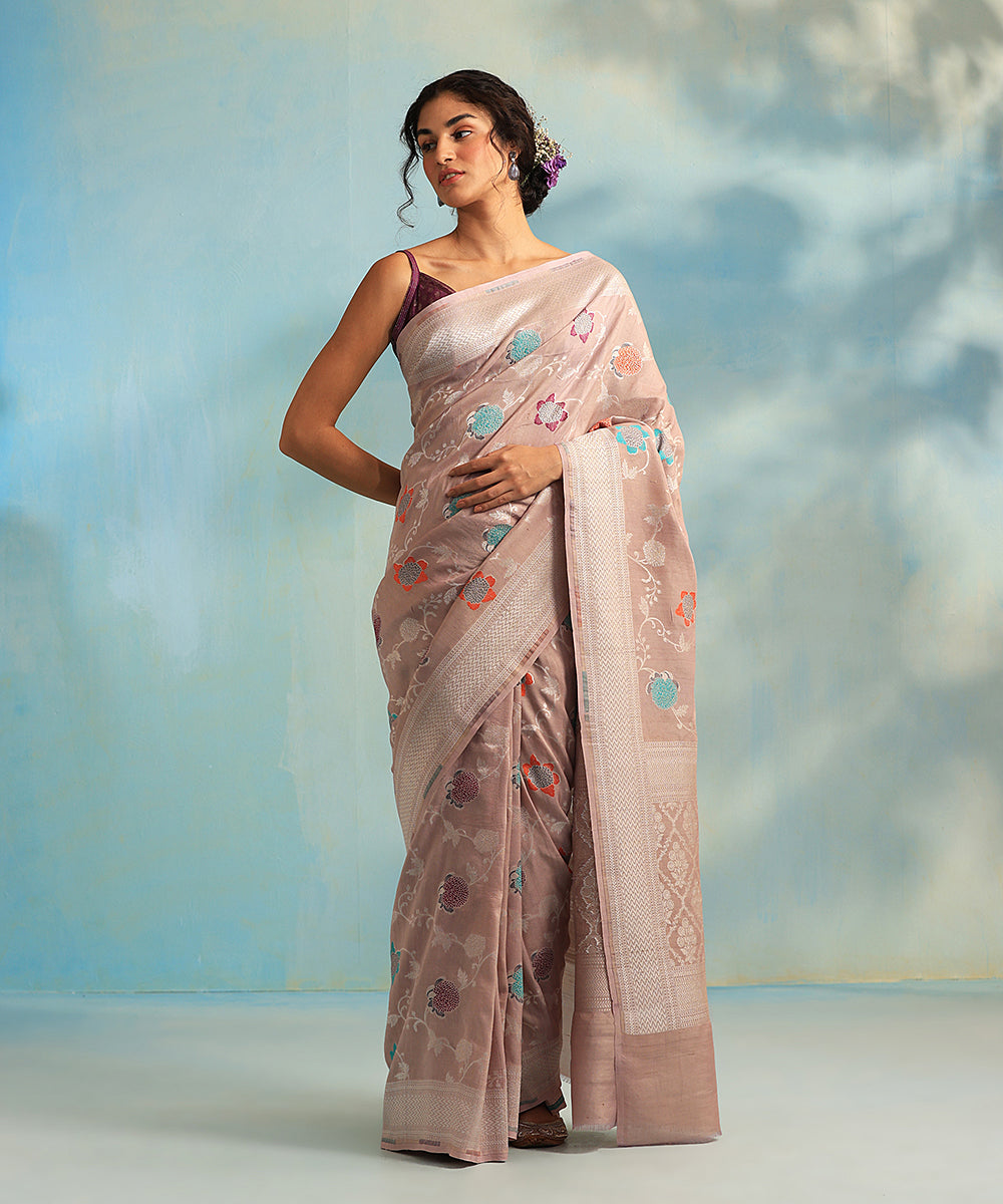 Handloom_Cream_Pure_Tussar_Georgette_Banarasi_Saree_With_Multi_Colour_Meenakari_WeaverStory_02