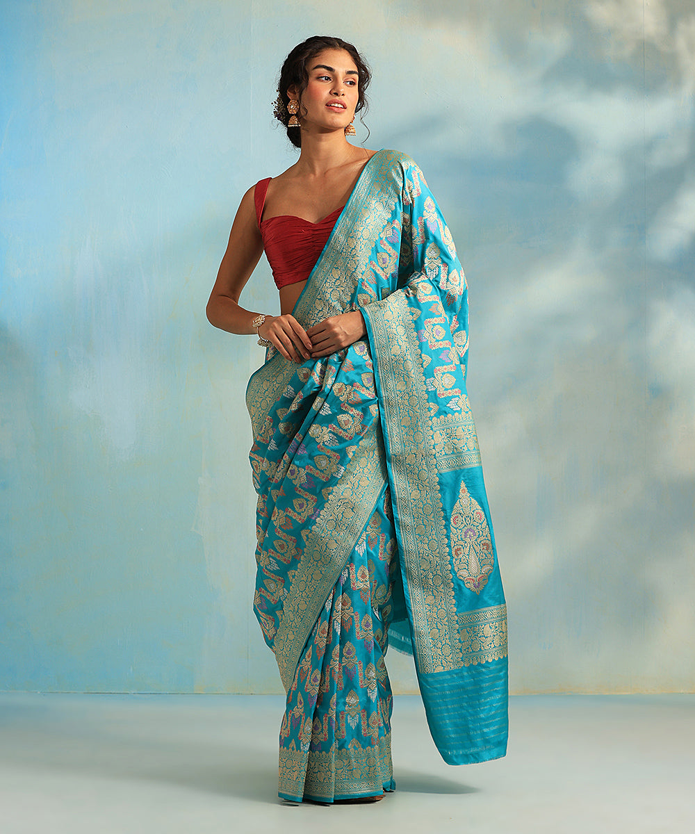 Handloom_Turquoise_Blue_Pure_Katan_Silk_Banarasi_Saree_With_Kadhwa_Jangla_And_Sona_Rupa_Zari_WeaverStory_02