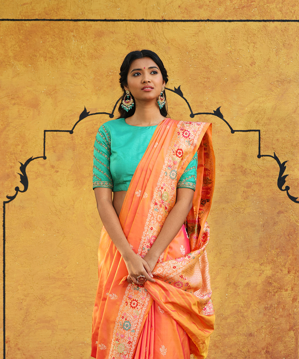 Peach_And_Orange_Dual_Tone_Handloom_Pure_Katan_Silk_Banarasi_Saree_With_Meenakari_WeaverStory_01