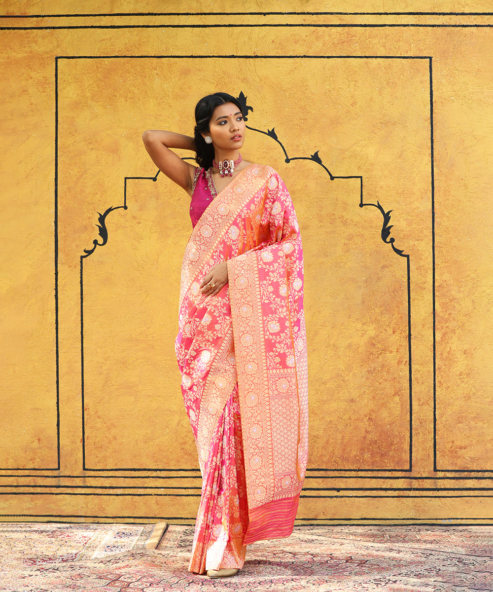 Handloom_Pink_And_Orange_Pure_Katan_Silk_Banarasi_Saree_With_Jaal_WeaverStory_02