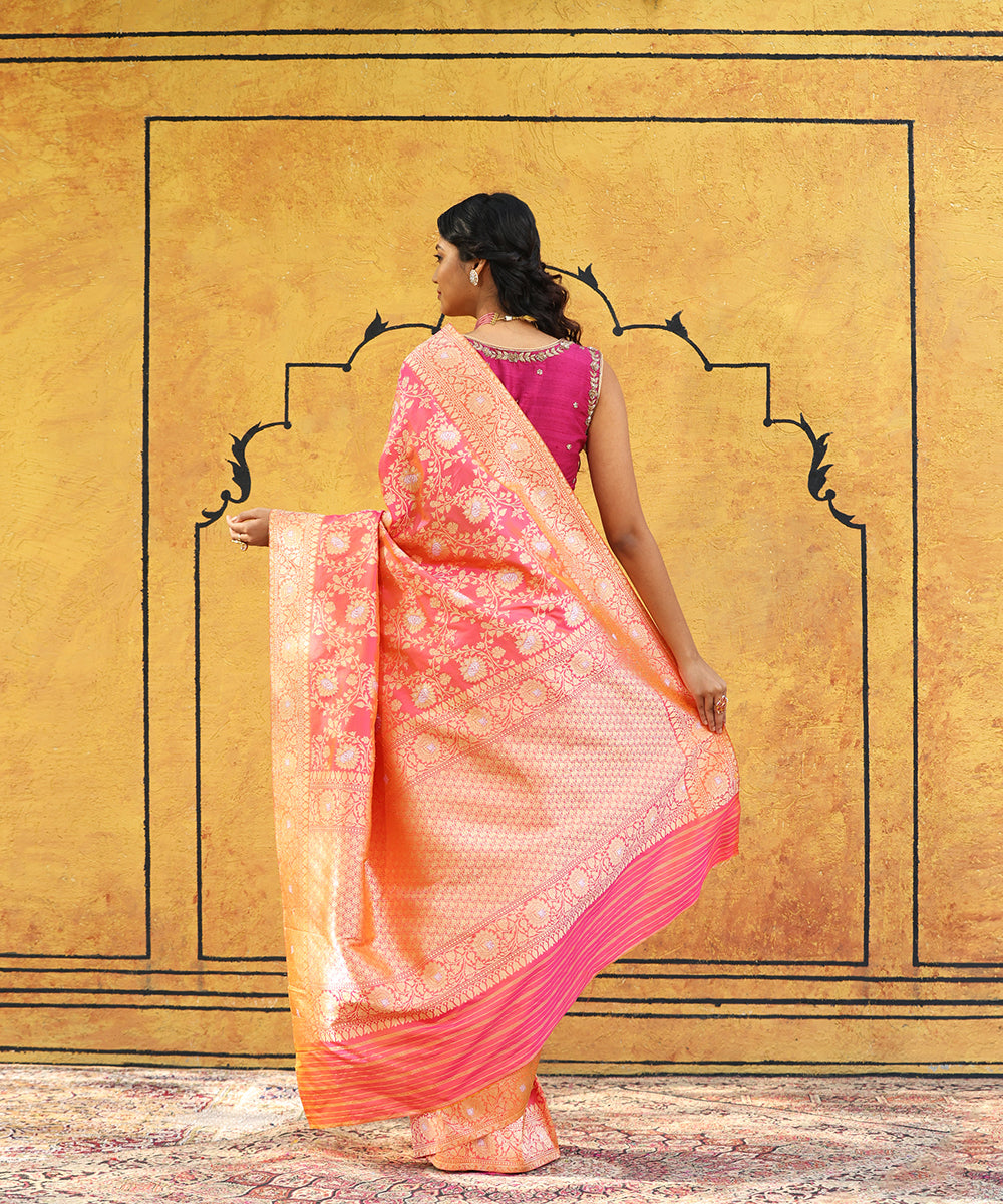 Handloom_Pink_And_Orange_Pure_Katan_Silk_Banarasi_Saree_With_Jaal_WeaverStory_03
