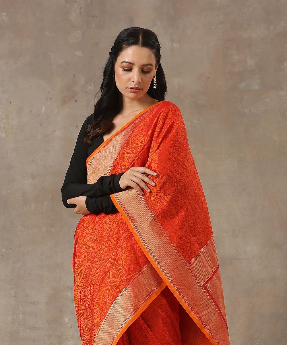 Orange_Handloom_Katan_Georgette_Jamawar_Banarasi_Saree_WeaverStory_01
