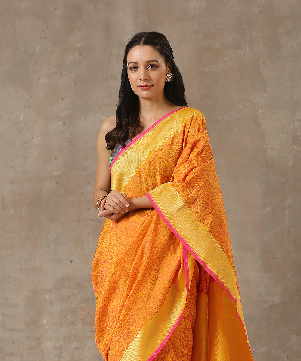 Orange_Handloom_Katan_Georgette_Jamawar_Banarasi_Saree_WeaverStory_01