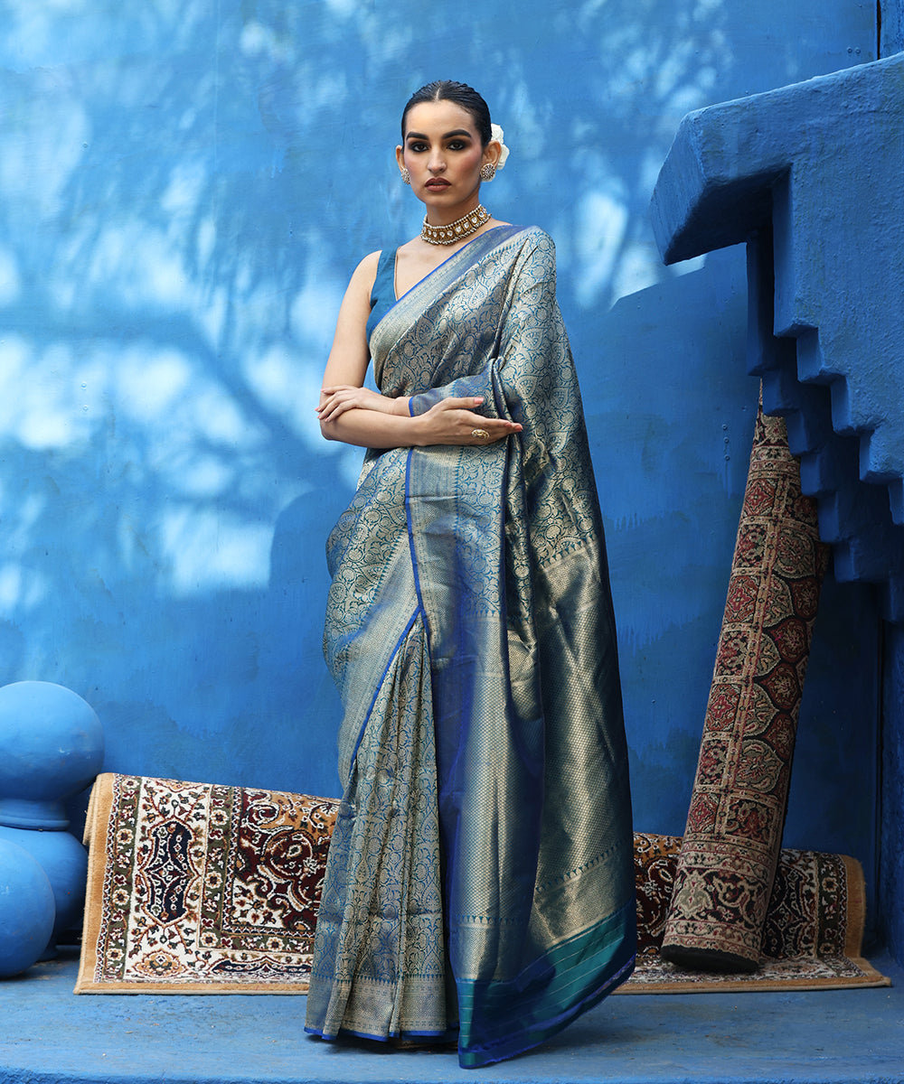 Handloom_Peacock_Blue_Pure_Katan_Silk_Kimkhab_Banarasi_Saree_With_Antique_Gold_Zari_WeaverStory_02