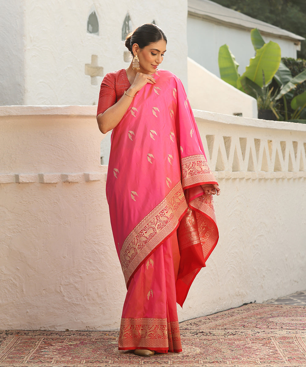 Pink_Handloom_Pure_Katan_Silk_Banarasi_Saree_With_Red_Shikargah_Border_WeaverStory_02