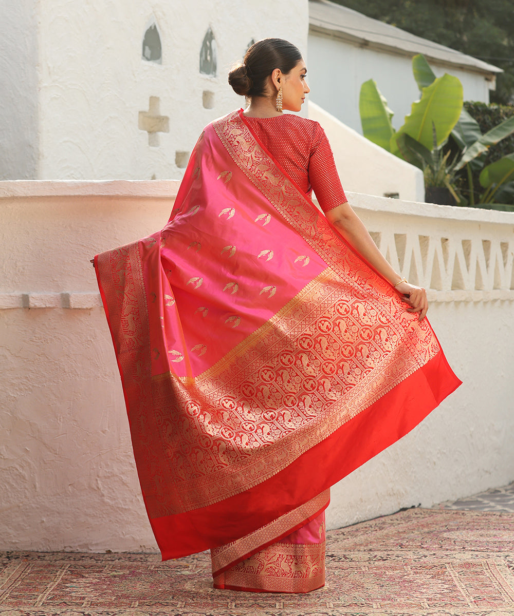 Pink_Handloom_Pure_Katan_Silk_Banarasi_Saree_With_Red_Shikargah_Border_WeaverStory_03