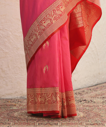 Pink_Handloom_Pure_Katan_Silk_Banarasi_Saree_With_Red_Shikargah_Border_WeaverStory_04