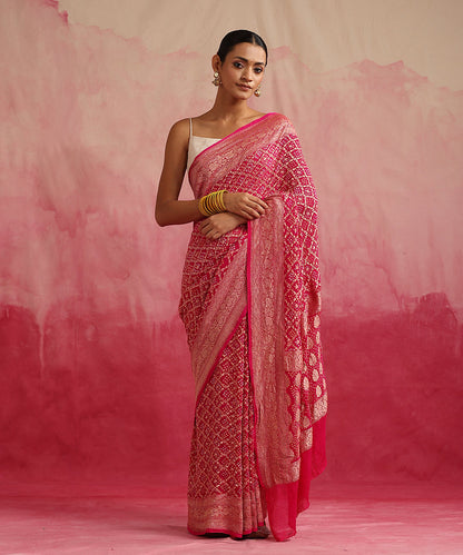 Pink_Handloom_Pure_Georgette_Banarasi_Bandhej_Saree_With_Cutwork_Weave_WeaverStory_02