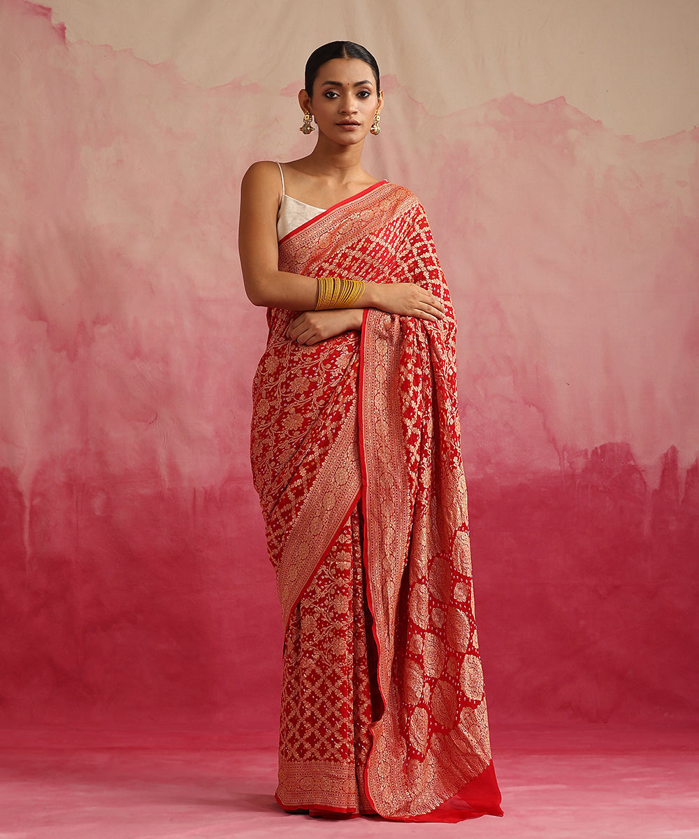 Handloom_Red_Pure_Georgette_Banarasi_Bandhej_Saree_With_Zari_Border_WeaverStory_02