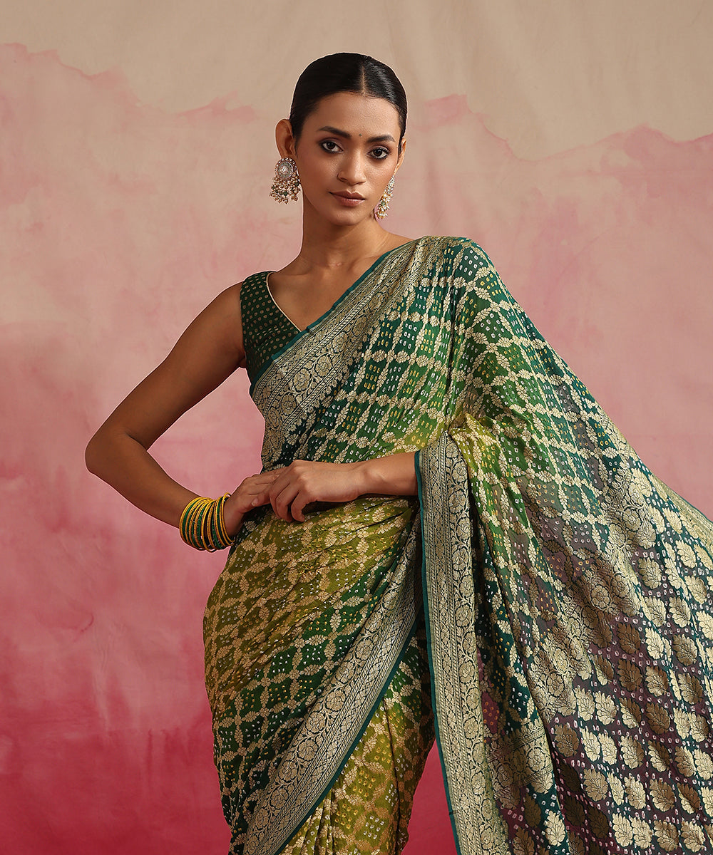 Handloom_Green_Ombre_Dyed_Pure_Georgette_Banarasi_Bandhej_Saree_WeaverStory_01