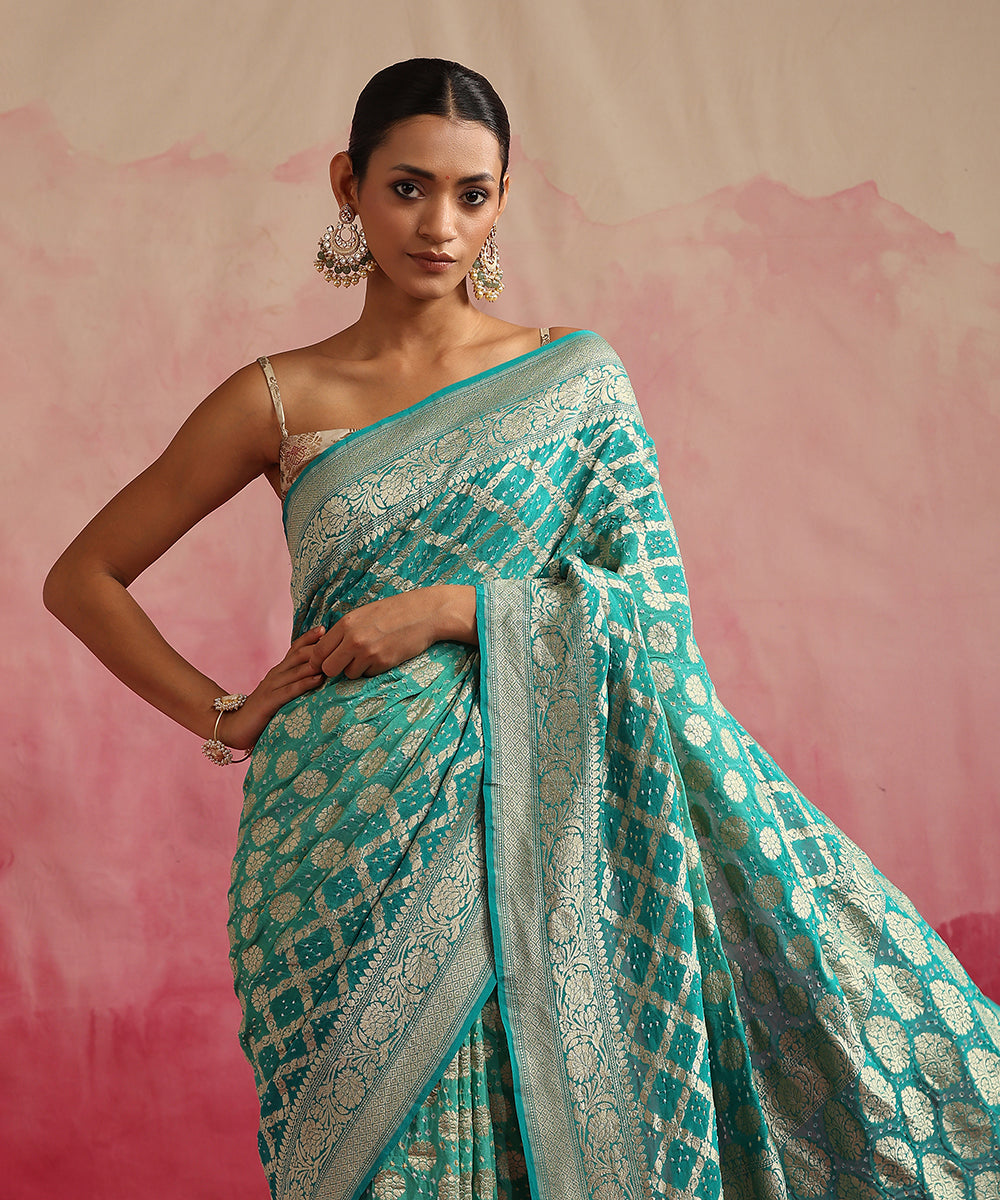 Aqua_Ombre_Dyed_Handloom_Pure_Georgette_Banarasi_Bandhej_Saree_WeaverStory_01