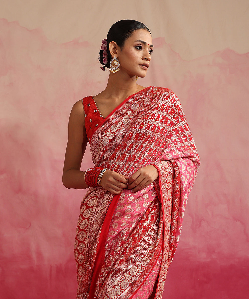 Handloom_Pink_And_Red_Ombre_Dyed_Pure_Georgette_Banarasi_Bandhej_Saree_WeaverStory_01