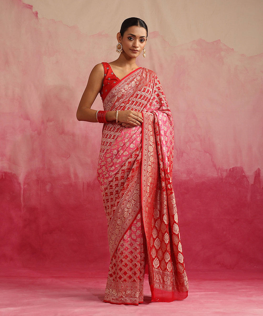 Handloom_Pink_And_Red_Ombre_Dyed_Pure_Georgette_Banarasi_Bandhej_Saree_WeaverStory_02