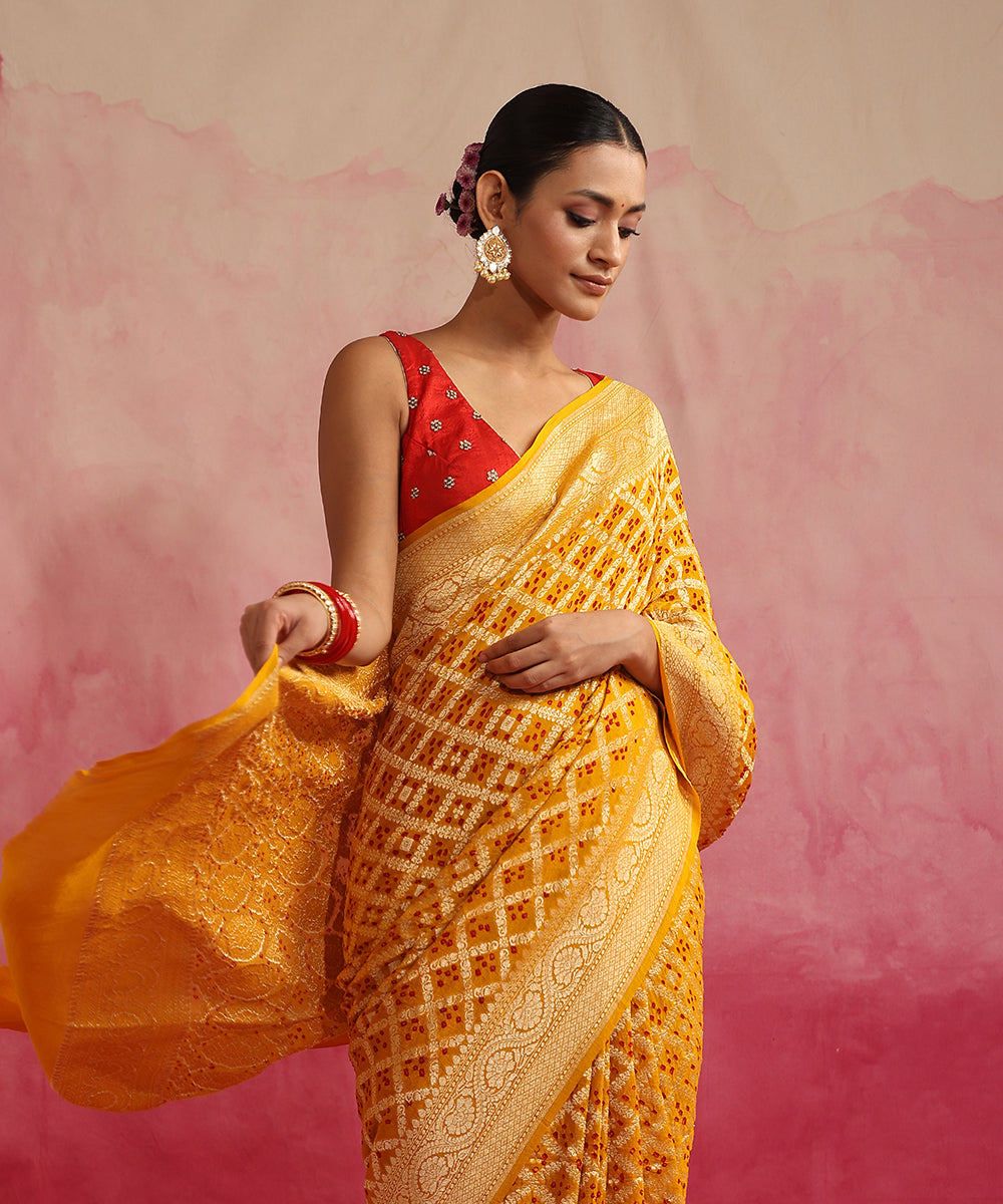 Mustard_Handloom_Pure_Georgette_Banarasi_Bandhej_Saree_With_Cutwork_Jaal_WeaverStory_01