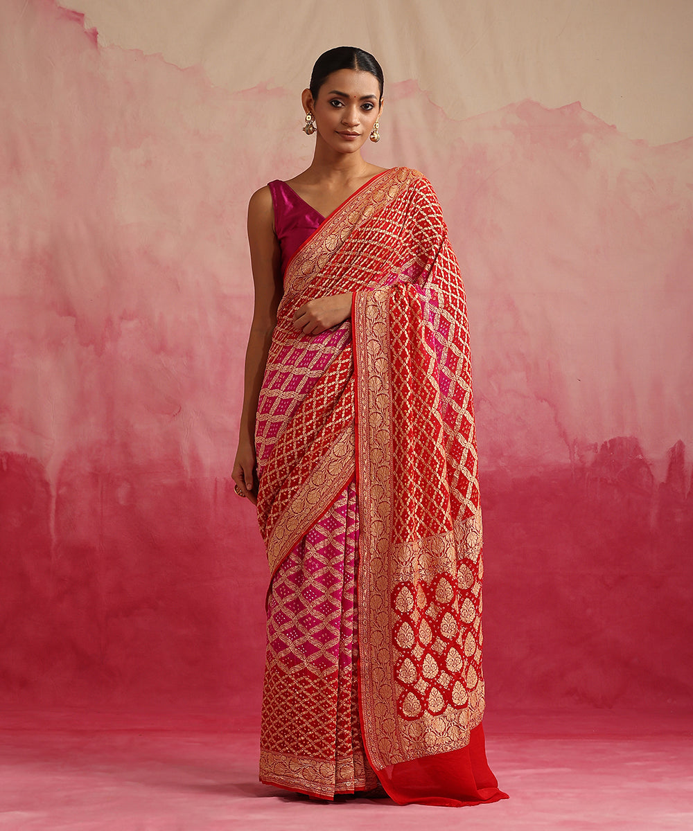 Handloom_Red_And_Magenta_Ombre_Dyed_Pure_Georgette_Banarasi_Bandhej_Saree_WeaverStory_02