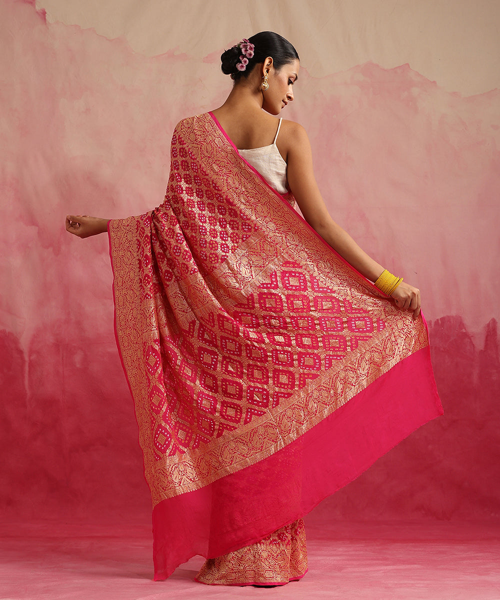 Fuchsia_Pink_Handloom_Pure_Georgette_Banarasi_Bandhej_Saree_WeaverStory_03