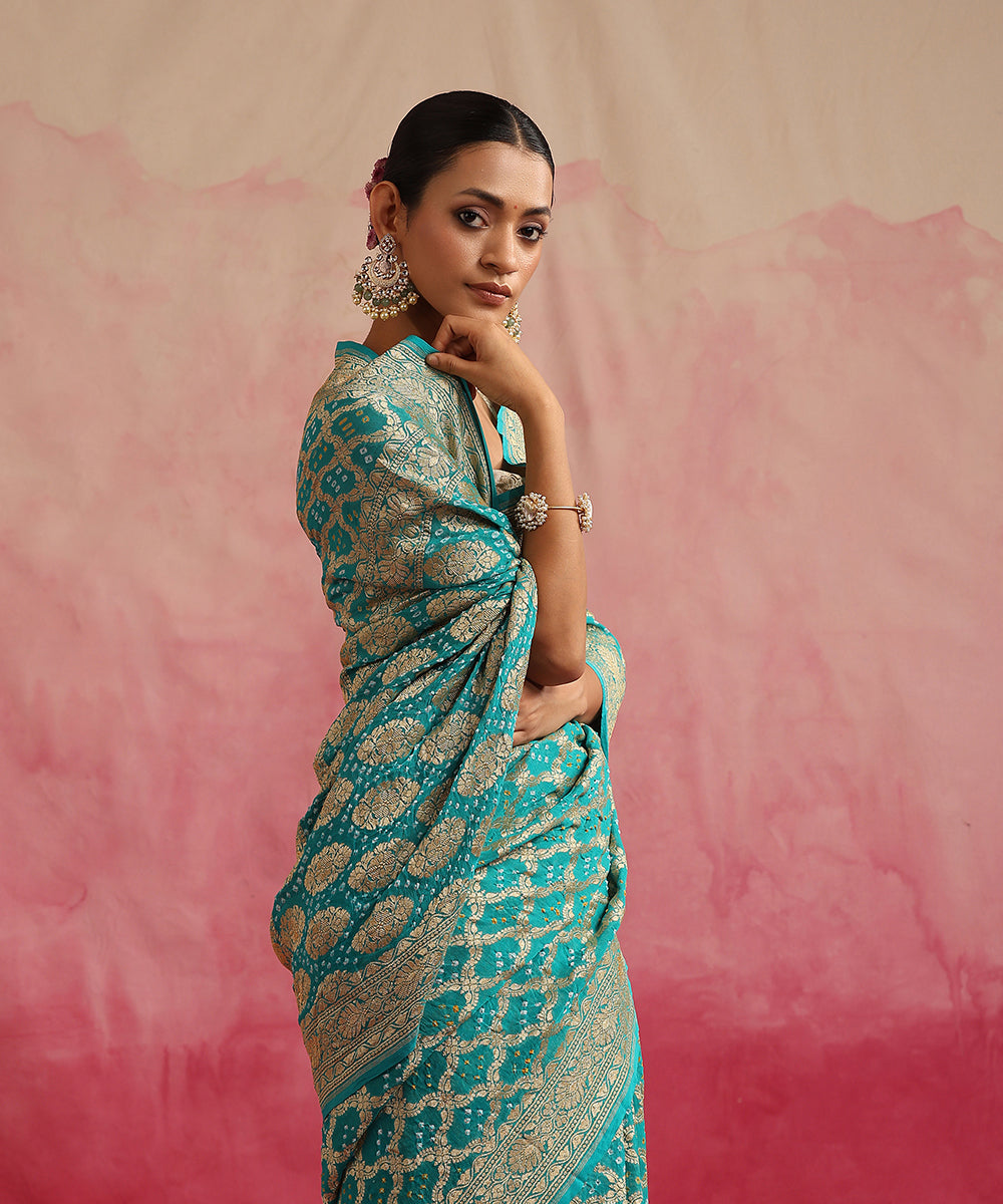 Handloom_Turquoise_Pure_Georgette_Banarasi_Bandhej_Saree_WeaverStory_01