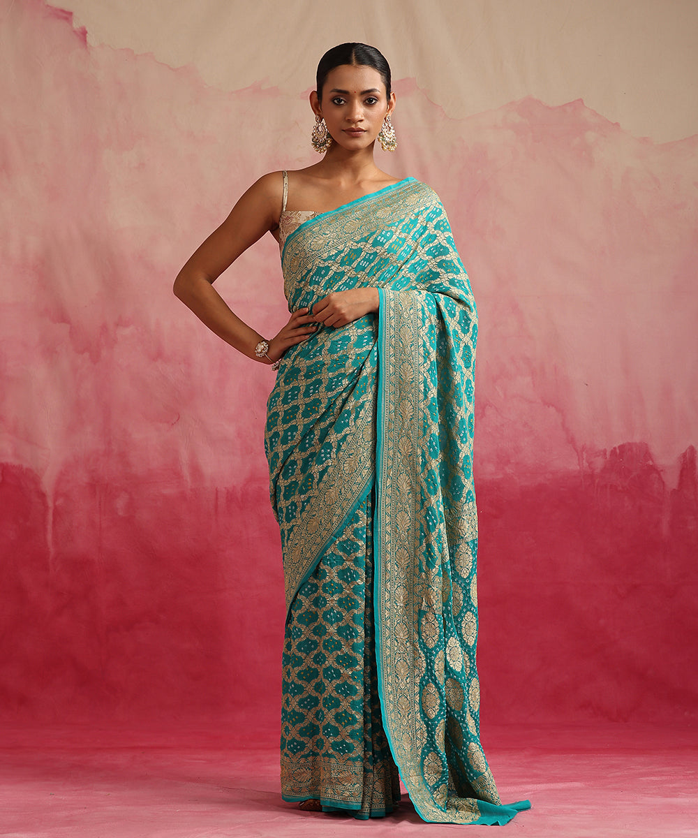 Handloom_Turquoise_Pure_Georgette_Banarasi_Bandhej_Saree_WeaverStory_02