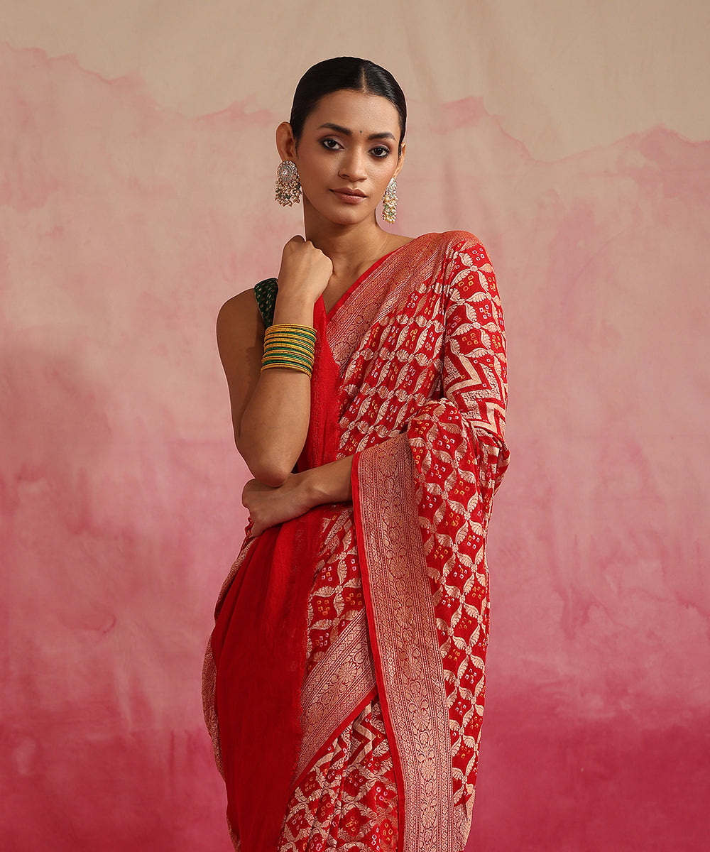 Red_Handloom_Pure_Georgette_Banarasi_Bandhej_Saree_WeaverStory_01