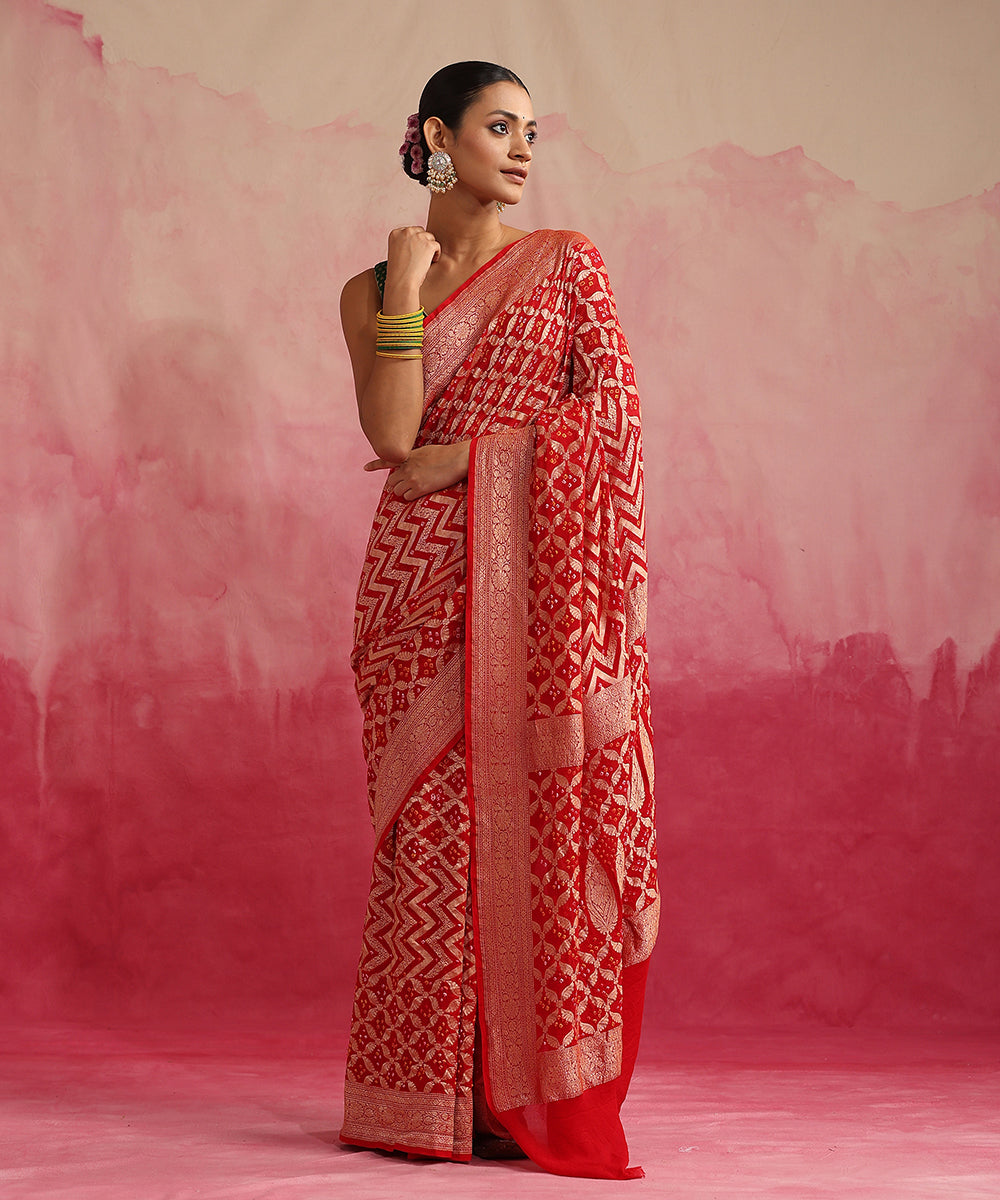 Red_Handloom_Pure_Georgette_Banarasi_Bandhej_Saree_WeaverStory_02