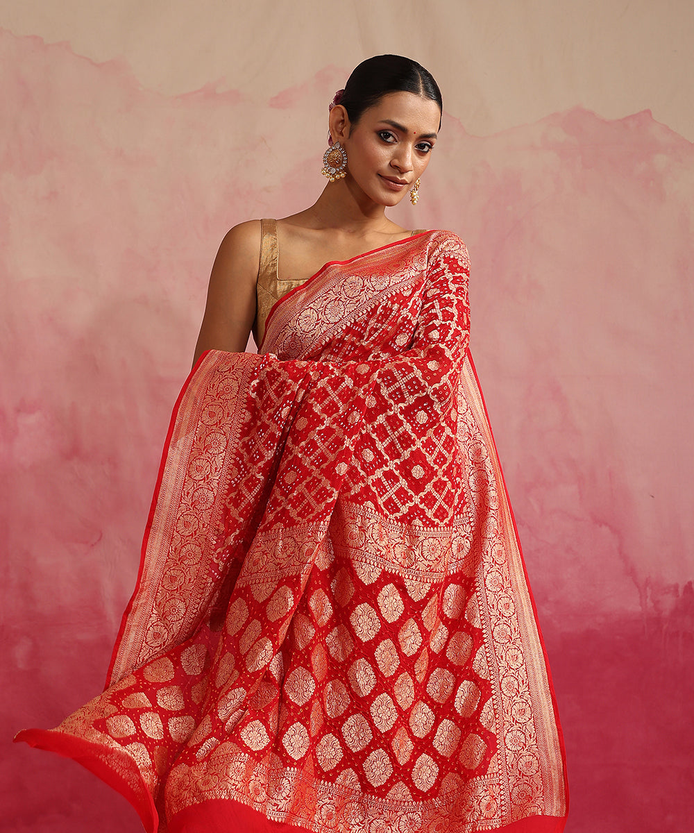 Red_Handloom_Pure_Georgette_Banarasi_Bandhej_Saree_With_Cutwork_Weave_WeaverStory_01