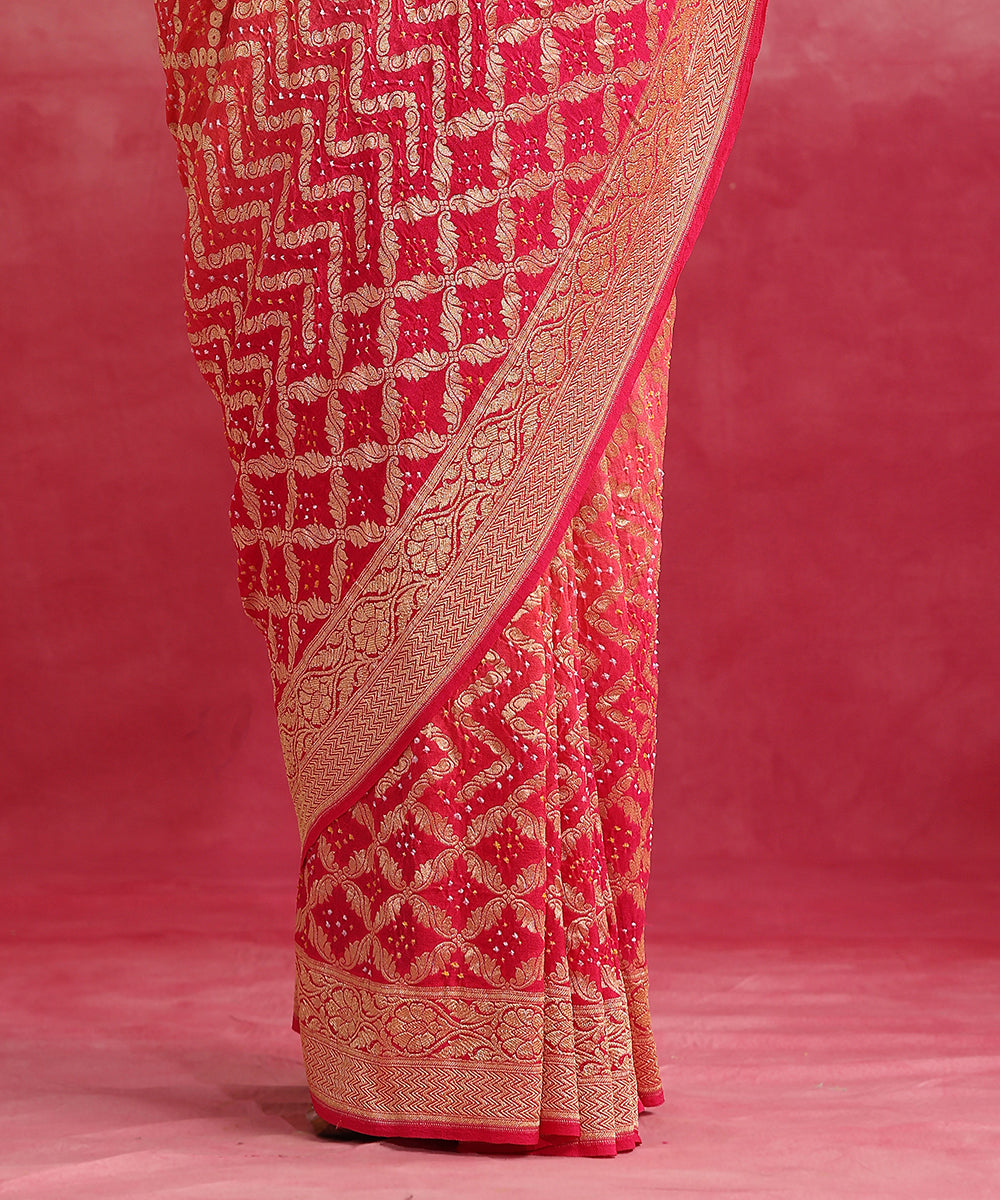 Pink_And_Coral_Peach_Handloom_Ombre_Dyed_Pure_Georgette_Banarasi_Bandhej_Saree_WeaverStory_04