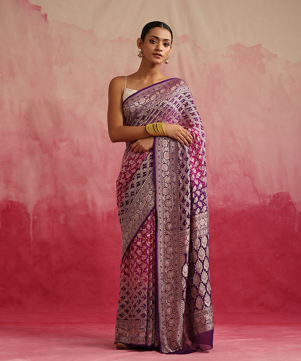 Handloom_Majenta_And_Purple_Ombre_Dyed_Pure_Georgette_Banarasi_Bandhej_Saree_WeaverStory_02