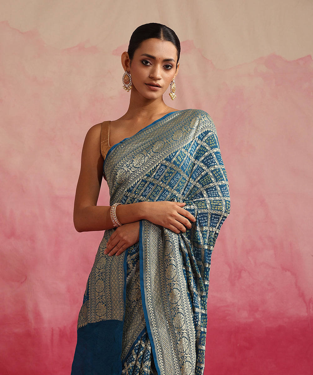 Handloom_Teal_Blue_Pure_Georgette_Banarasi_Bandhej_Saree_WeaverStory_01