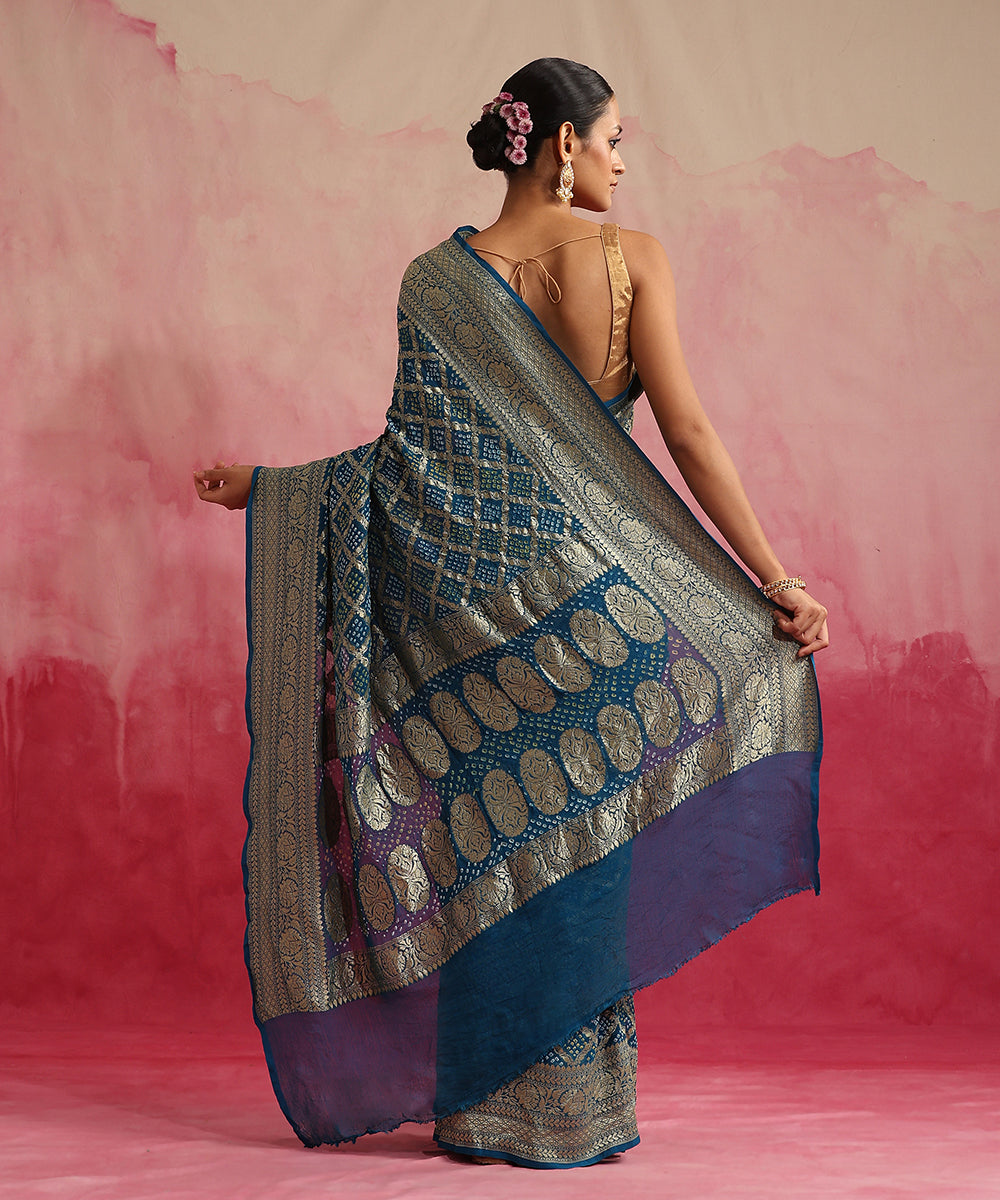 Handloom_Teal_Blue_Pure_Georgette_Banarasi_Bandhej_Saree_WeaverStory_03