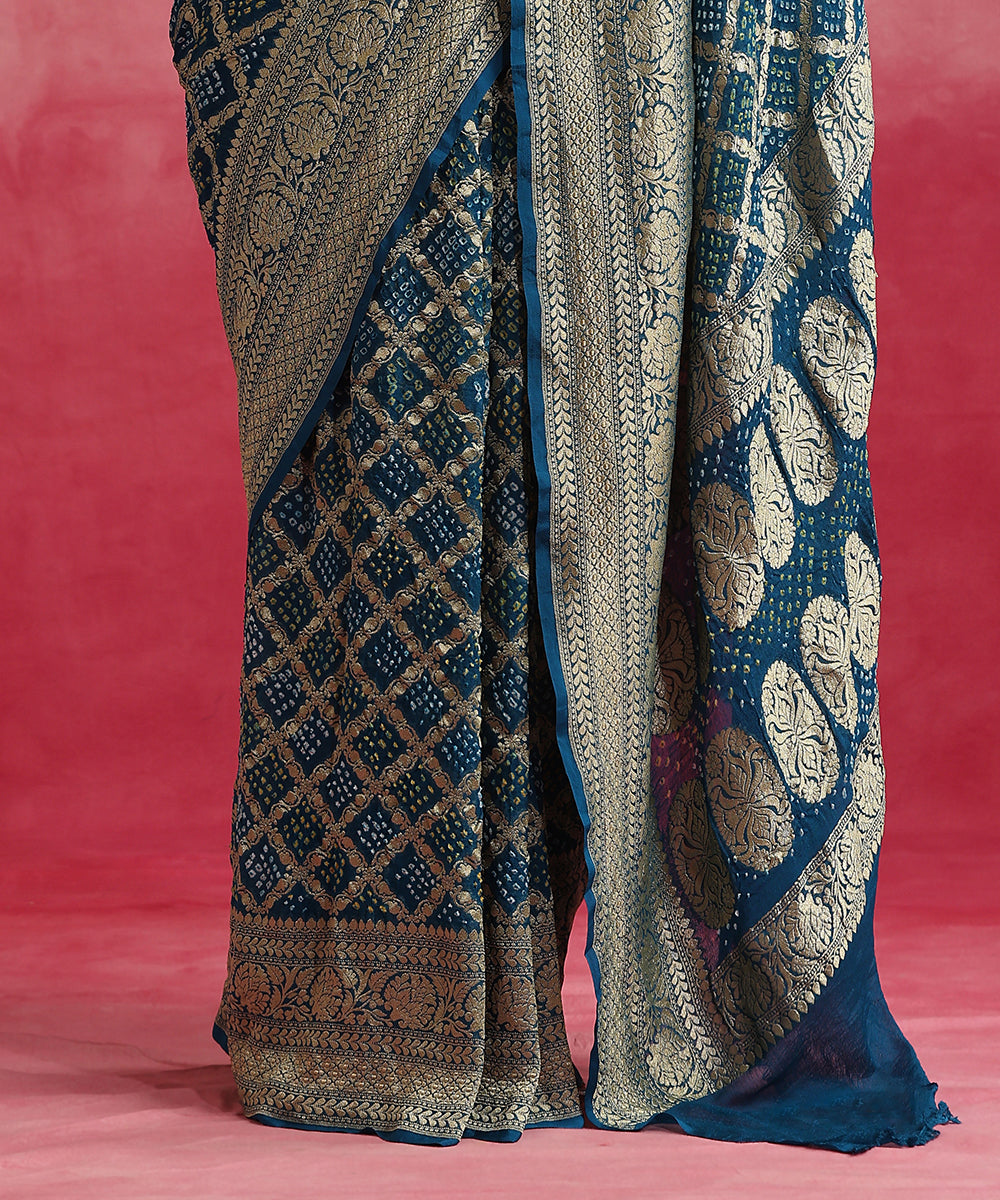 Handloom_Teal_Blue_Pure_Georgette_Banarasi_Bandhej_Saree_WeaverStory_04