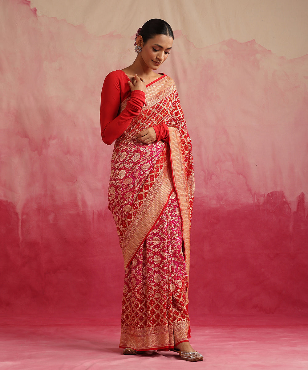 Red_And_Pink_Handloom_Ombre_Dyed_Pure_Georgette_Banarasi_Bandhej_Saree_WeaverStory_02