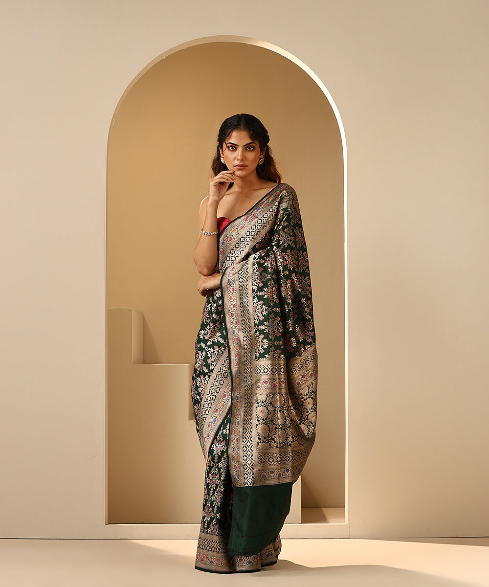 Handloom_Bottle_Green_Pure_Katan_Silk_Banarasi_Saree_With_Cutwork_Jaal_WeaverStory_02