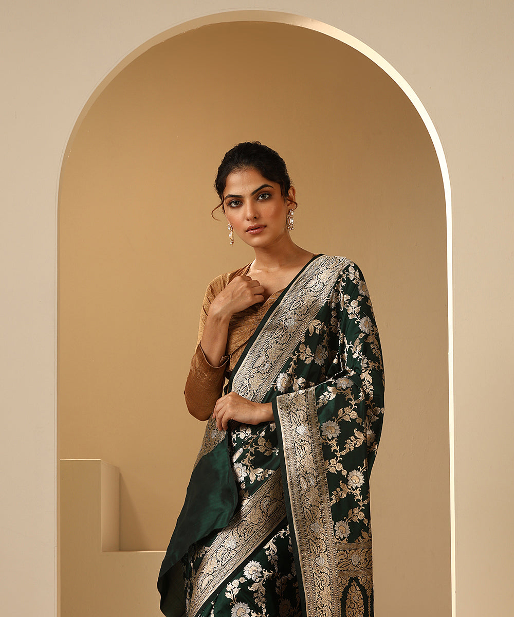 Bottle_Green_Handloom_Pure_Katan_Silk_Banarasi_Saree_With_Cutwork_Jaal_WeaverStory_01