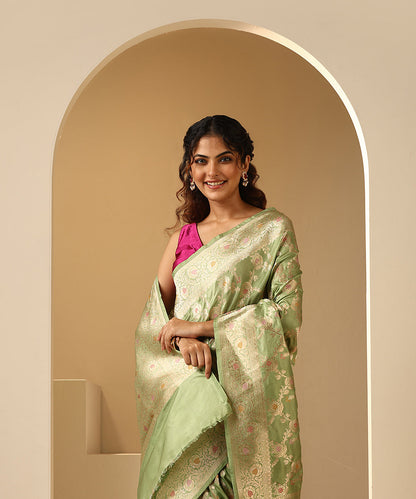 Handloom_Pista_Green_Pure_Katan_Silk_Banarasi_Saree_With_Cutwork_Floral_Jaal_WeaverStory_01