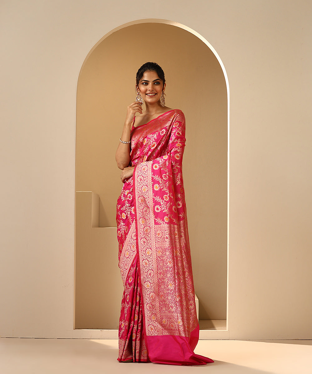 Pink_Handloom_Pure_Katan_Silk_Banarasi_Saree_With_Cutwork_Floral_Jaal_WeaverStory_02
