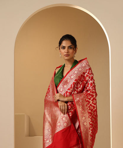 Handloom_Red_Pure_Katan_Silk_Banarasi_Saree_With_Cutwork_Jaal_WeaverStory_01