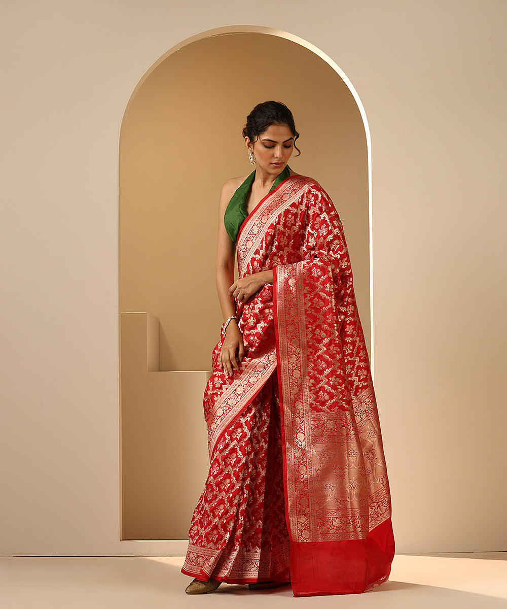 Handloom_Red_Pure_Katan_Silk_Banarasi_Saree_With_Cutwork_Jaal_WeaverStory_02