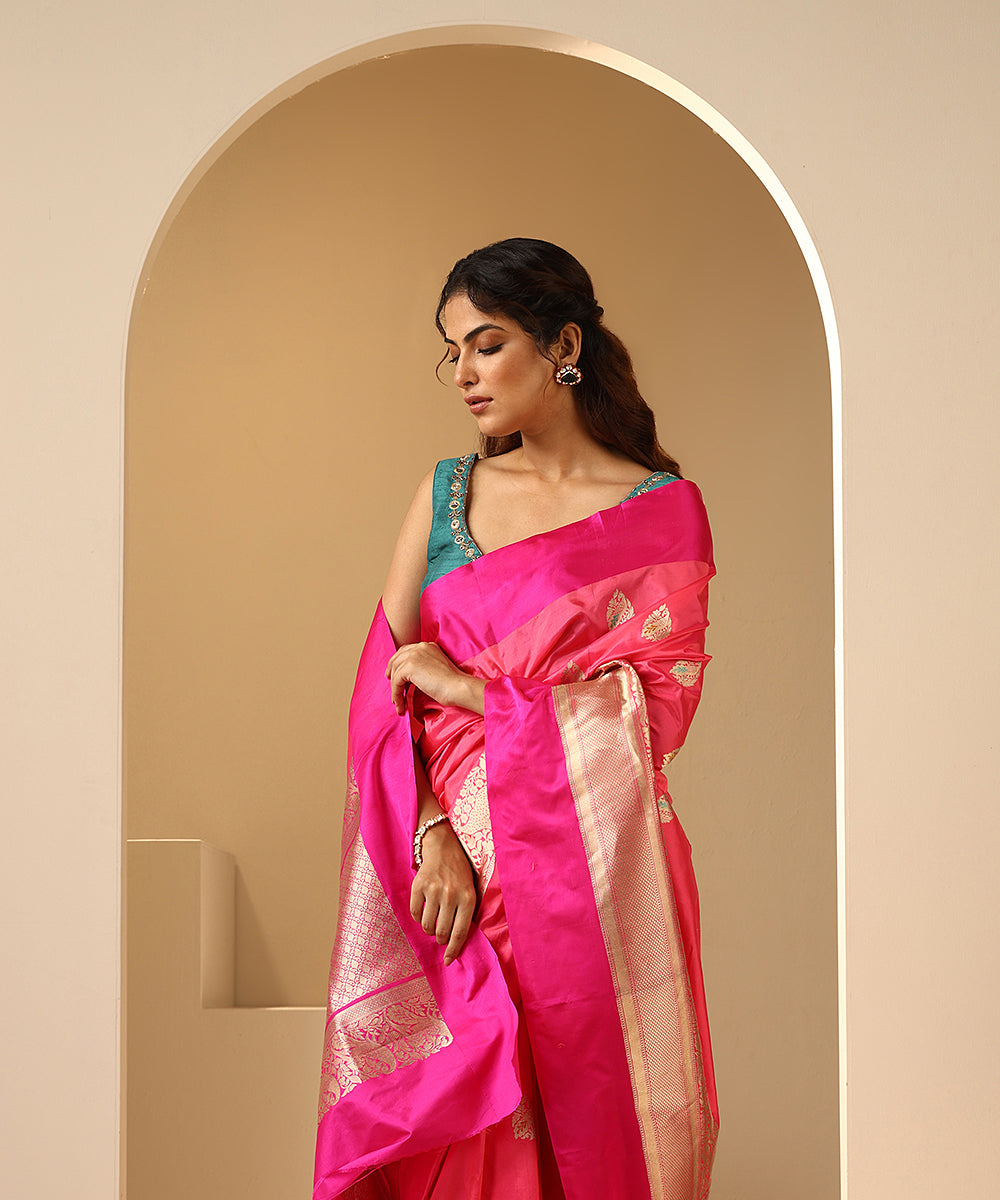 Handloom_Pink_Pure_Katan_Silk_Banarasi_Saree_With_Kadhwa_Boota_And_Broad_Shikargah_Satin_Border_WeaverStory_01