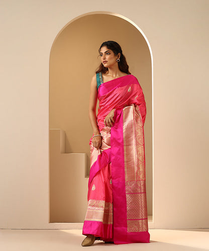 Handloom_Pink_Pure_Katan_Silk_Banarasi_Saree_With_Kadhwa_Boota_And_Broad_Shikargah_Satin_Border_WeaverStory_02