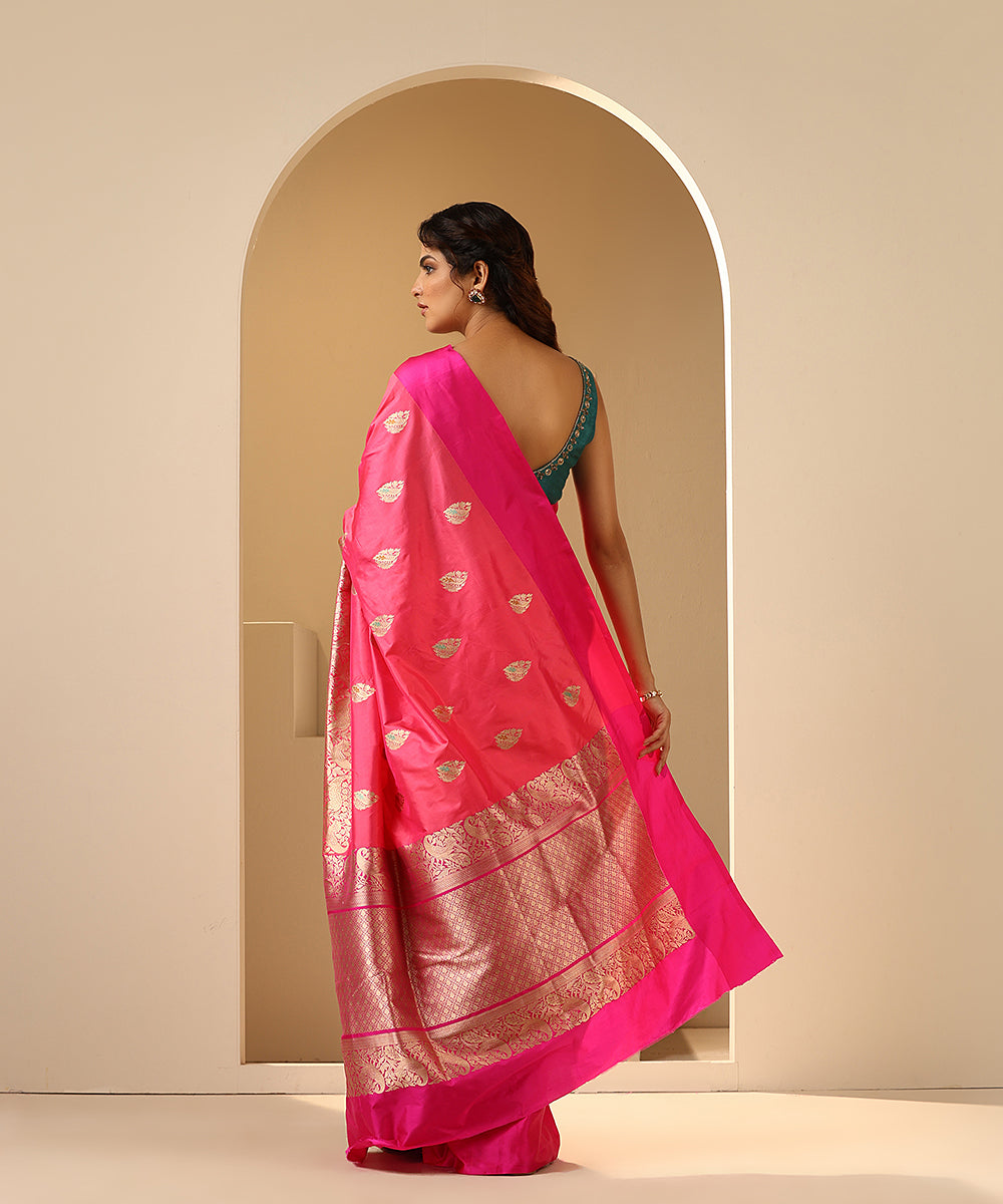 Handloom_Pink_Pure_Katan_Silk_Banarasi_Saree_With_Kadhwa_Boota_And_Broad_Shikargah_Satin_Border_WeaverStory_03